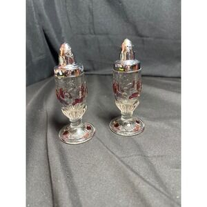 Vintage Glass Salt and Pepper Shakers Pedestal Grape Design Red Purple Accents
